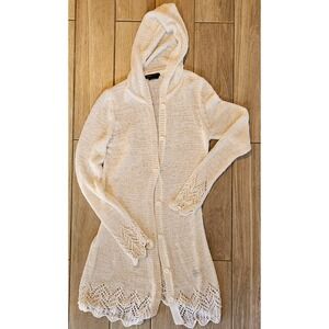 BCBG Max Azria Cream Hooded Knit Cardigan Size L Button Front Lace Trim